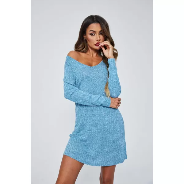 Ekouaer Womens Nightgown Long Sleeve Rib Knit Pajama Dress V Neck Soft Loungewear Sleepwear SXXLBlue