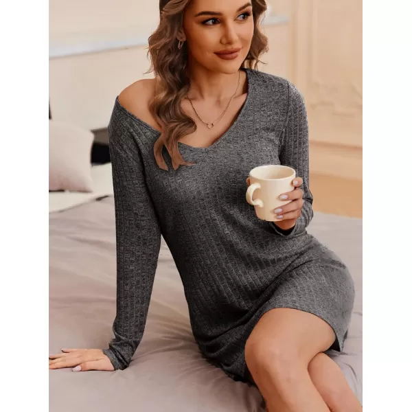 Ekouaer Womens Nightgown Long Sleeve Rib Knit Pajama Dress V Neck Soft Loungewear Sleepwear SXXLDark Grey