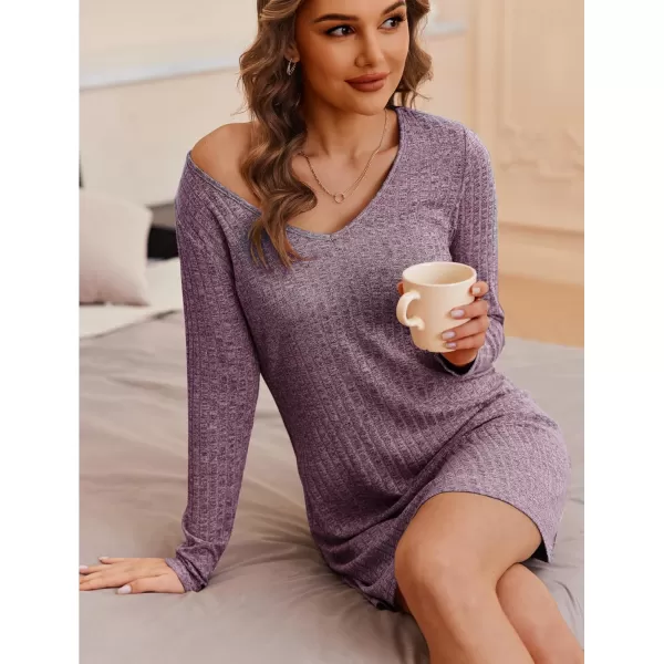 Ekouaer Womens Nightgown Long Sleeve Rib Knit Pajama Dress V Neck Soft Loungewear Sleepwear SXXLDark Purple