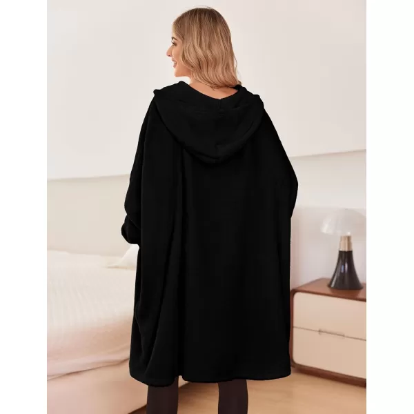 Ekouaer Womens Oversized Hooded Bathrobe Plush Soft Warm Robe Sherpa Wearable Blanket with Giant Pockets One Size Fits AllBlack