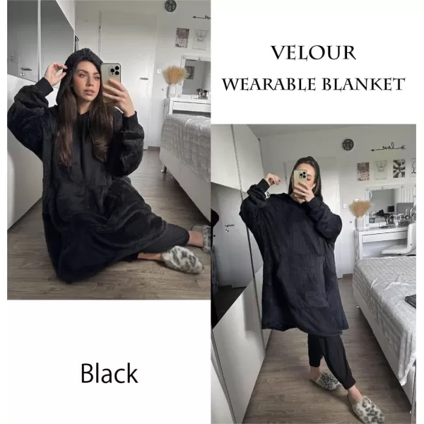 Ekouaer Womens Oversized Hooded Bathrobe Plush Soft Warm Robe Sherpa Wearable Blanket with Giant Pockets One Size Fits AllBlack