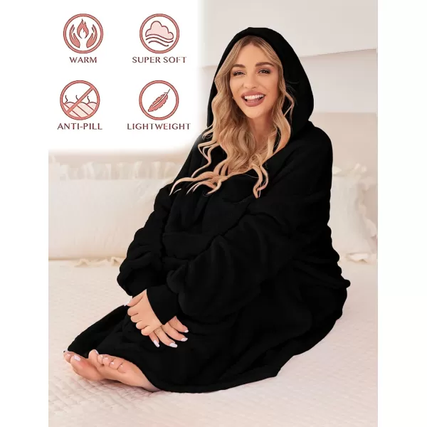 Ekouaer Womens Oversized Hooded Bathrobe Plush Soft Warm Robe Sherpa Wearable Blanket with Giant Pockets One Size Fits AllBlack