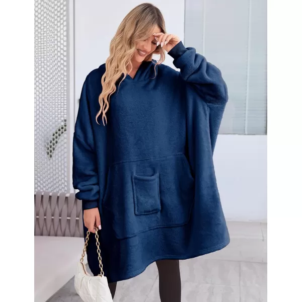 Ekouaer Womens Oversized Hooded Bathrobe Plush Soft Warm Robe Sherpa Wearable Blanket with Giant Pockets One Size Fits AllBlue