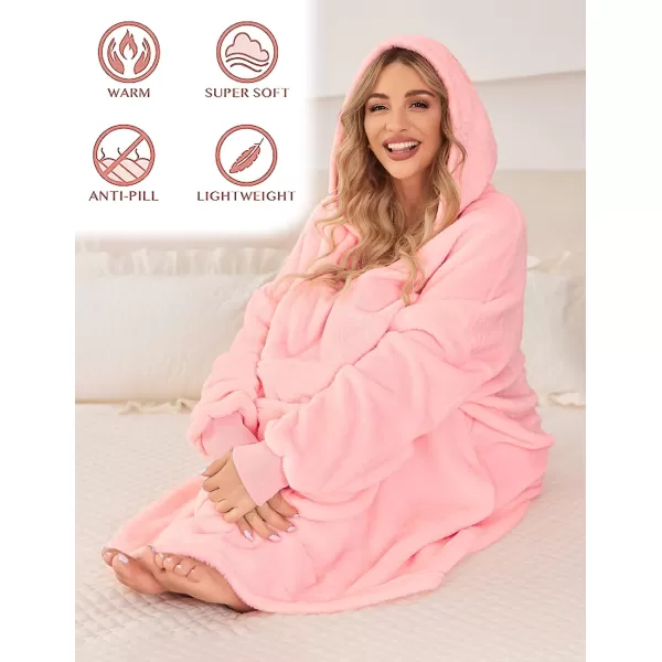 Ekouaer Womens Oversized Hooded Bathrobe Plush Soft Warm Robe Sherpa Wearable Blanket with Giant Pockets One Size Fits AllLight Pink