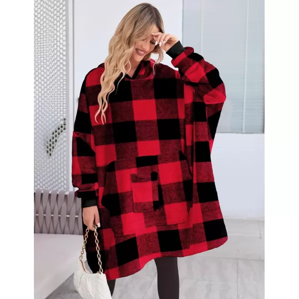 Ekouaer Womens Oversized Hooded Bathrobe Plush Soft Warm Robe Sherpa Wearable Blanket with Giant Pockets One Size Fits AllRed Black Plaid