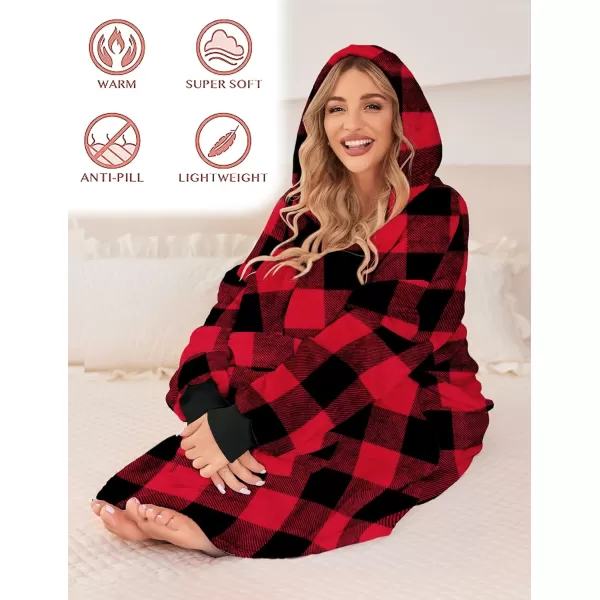 Ekouaer Womens Oversized Hooded Bathrobe Plush Soft Warm Robe Sherpa Wearable Blanket with Giant Pockets One Size Fits AllRed Black Plaid