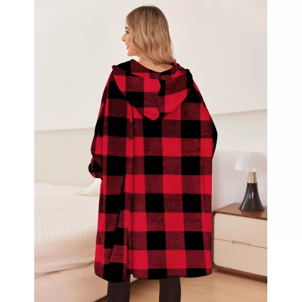 Ekouaer Womens Oversized Hooded Bathrobe Plush Soft Warm Robe Sherpa Wearable Blanket with Giant Pockets One Size Fits AllRed Black Plaid