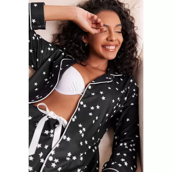 Ekouaer Womens Pajamas Long Sleeve Sleepwear Casual Button Down Loungewear Soft Pjs Set SXXLBlack With Stars