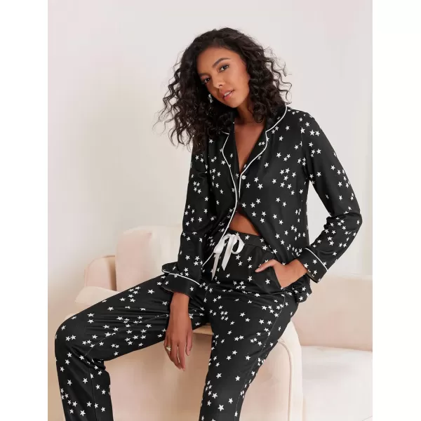 Ekouaer Womens Pajamas Long Sleeve Sleepwear Casual Button Down Loungewear Soft Pjs Set SXXLBlack With Stars