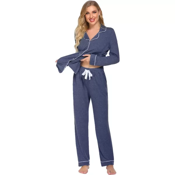 Ekouaer Womens Pajamas Long Sleeve Sleepwear Casual Button Down Loungewear Soft Pjs Set SXXLDark Blue