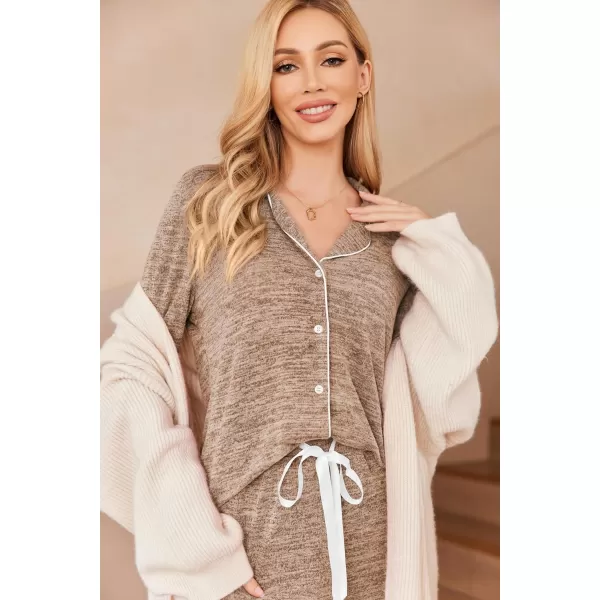 Ekouaer Womens Pajamas Long Sleeve Sleepwear Casual Button Down Loungewear Soft Pjs Set SXXLLight Brown