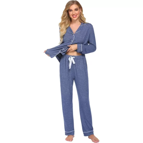 Ekouaer Womens Pajamas Long Sleeve Sleepwear Casual Button Down Loungewear Soft Pjs Set SXXLNavy