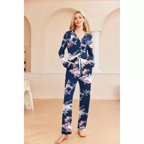 Ekouaer Womens Pajamas Long Sleeve Sleepwear Casual Button Down Loungewear Soft Pjs Set SXXLNavy With Flowers