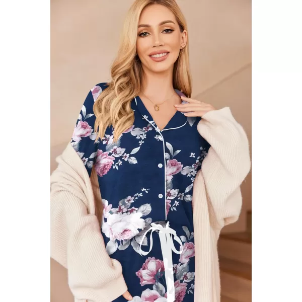 Ekouaer Womens Pajamas Long Sleeve Sleepwear Casual Button Down Loungewear Soft Pjs Set SXXLNavy With Flowers