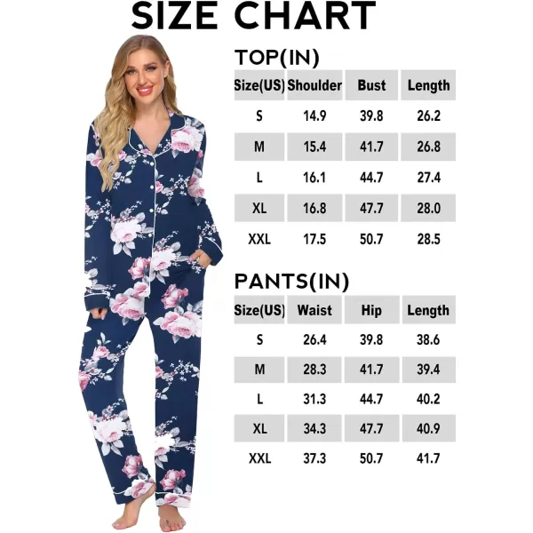 Ekouaer Womens Pajamas Long Sleeve Sleepwear Casual Button Down Loungewear Soft Pjs Set SXXLNavy With Flowers