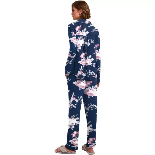 Ekouaer Womens Pajamas Long Sleeve Sleepwear Casual Button Down Loungewear Soft Pjs Set SXXLNavy With Flowers