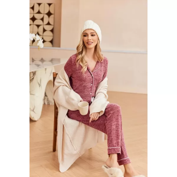 Ekouaer Womens Pajamas Long Sleeve Sleepwear Casual Button Down Loungewear Soft Pjs Set SXXLWine