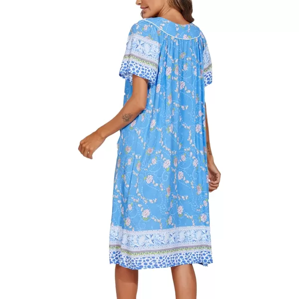 Ekouaer Womens Short Sleeve House Dress Floral Mumu Dress Duster Housecoat Button Down Nightgown with PocketsFloral Blue