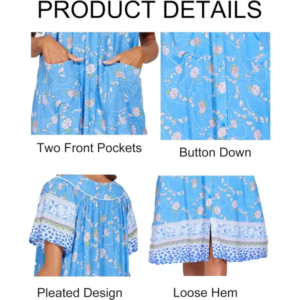 Ekouaer Womens Short Sleeve House Dress Floral Mumu Dress Duster Housecoat Button Down Nightgown with PocketsFloral Blue