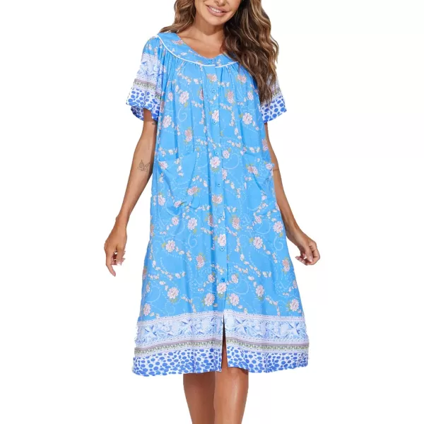 Ekouaer Womens Short Sleeve House Dress Floral Mumu Dress Duster Housecoat Button Down Nightgown with PocketsFloral Blue