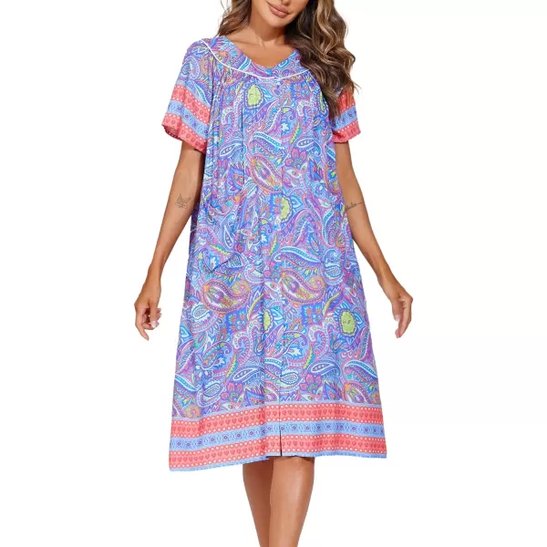 Ekouaer Womens Short Sleeve House Dress Floral Mumu Dress Duster Housecoat Button Down Nightgown with PocketsFloral Violet