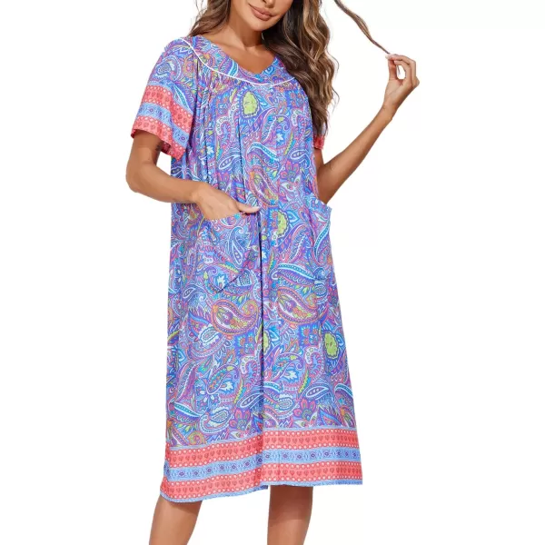 Ekouaer Womens Short Sleeve House Dress Floral Mumu Dress Duster Housecoat Button Down Nightgown with PocketsFloral Violet