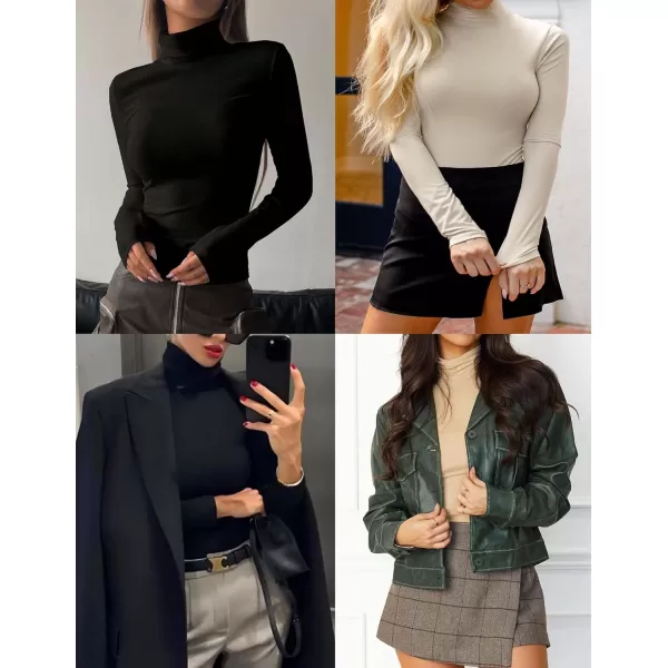 Ekouaer Womens Turtleneck Long Sleeve Shirts Slim Fit Thermal Underwear Tops Lightweight Pullover TeesBrownBlack