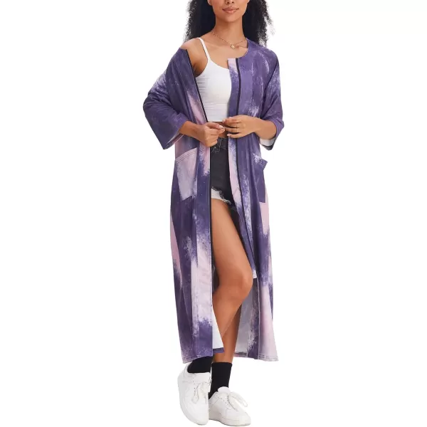 Ekouaer Womens Zipper Robe 34 Sleeve Housecoats Full Length House Dress Loungewear Long Nightgown with PocketsBlack Tie Dye