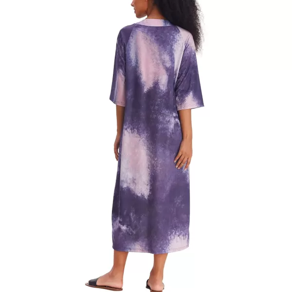 Ekouaer Womens Zipper Robe 34 Sleeve Housecoats Full Length House Dress Loungewear Long Nightgown with PocketsBlack Tie Dye