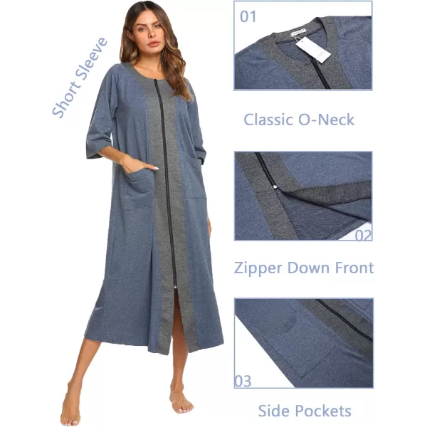 Ekouaer Womens Zipper Robe 34 Sleeve Housecoats Full Length House Dress Loungewear Long Nightgown with PocketsBlue