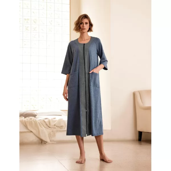 Ekouaer Womens Zipper Robe 34 Sleeve Housecoats Full Length House Dress Loungewear Long Nightgown with PocketsBlue