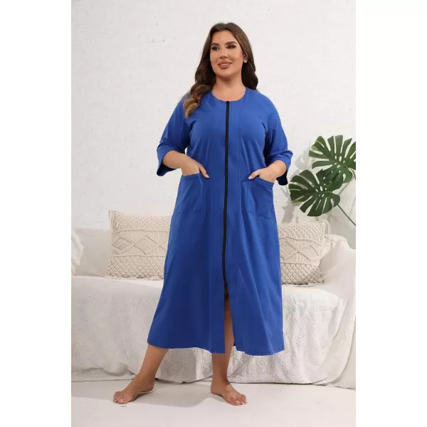 Ekouaer Womens Zipper Robe 34 Sleeve Housecoats Full Length House Dress Loungewear Long Nightgown with PocketsBlue Sapphire