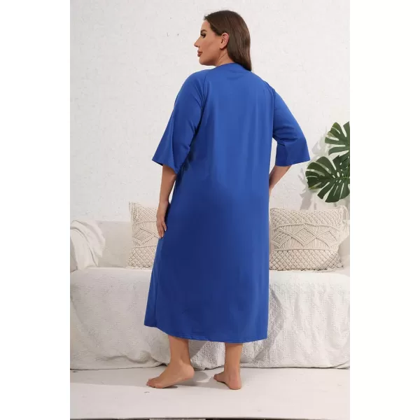 Ekouaer Womens Zipper Robe 34 Sleeve Housecoats Full Length House Dress Loungewear Long Nightgown with PocketsBlue Sapphire