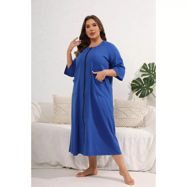 Ekouaer Womens Zipper Robe 34 Sleeve Housecoats Full Length House Dress Loungewear Long Nightgown with PocketsBlue Sapphire