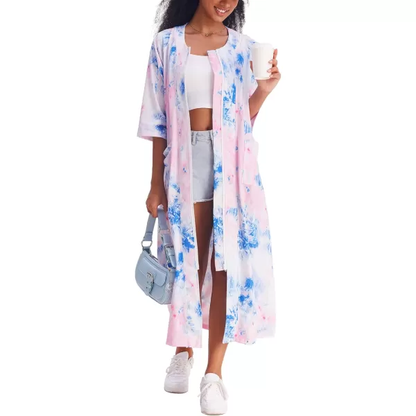 Ekouaer Womens Zipper Robe 34 Sleeve Housecoats Full Length House Dress Loungewear Long Nightgown with PocketsBlue Tie Dye