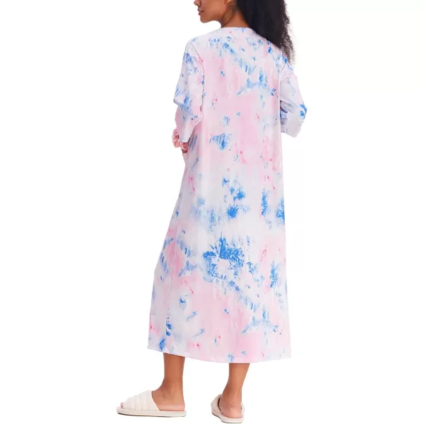 Ekouaer Womens Zipper Robe 34 Sleeve Housecoats Full Length House Dress Loungewear Long Nightgown with PocketsBlue Tie Dye