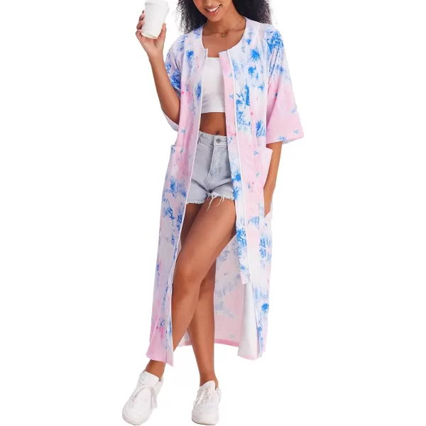 Ekouaer Womens Zipper Robe 34 Sleeve Housecoats Full Length House Dress Loungewear Long Nightgown with PocketsBlue Tie Dye