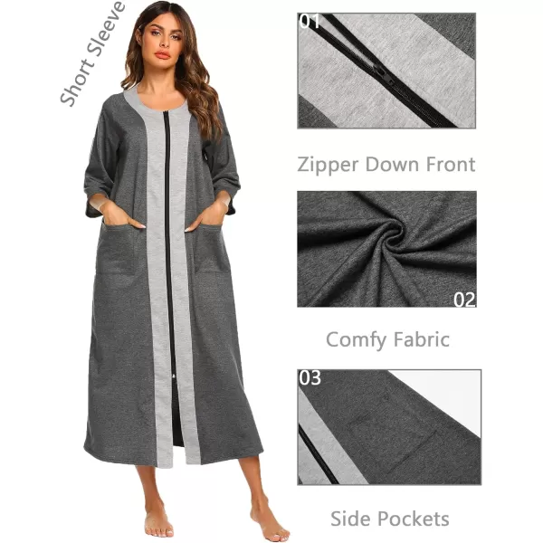 Ekouaer Womens Zipper Robe 34 Sleeve Housecoats Full Length House Dress Loungewear Long Nightgown with PocketsGray