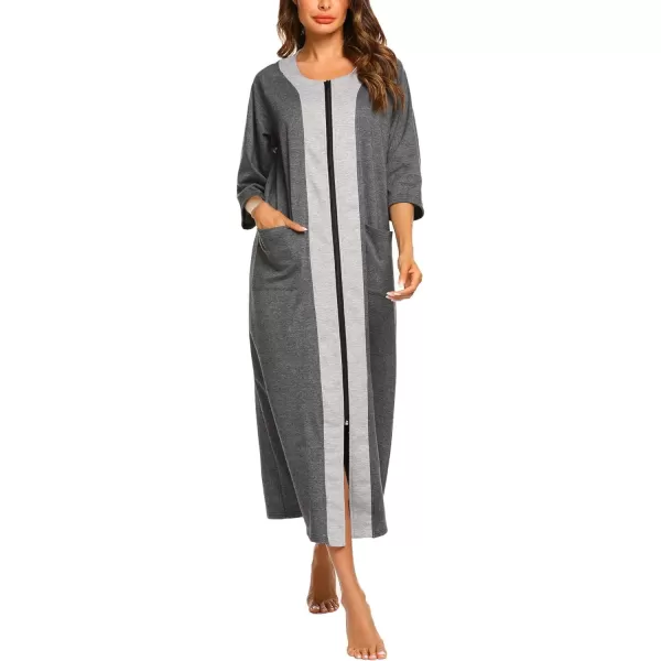 Ekouaer Womens Zipper Robe 34 Sleeve Housecoats Full Length House Dress Loungewear Long Nightgown with PocketsGray