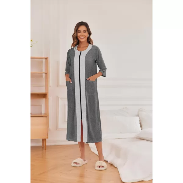 Ekouaer Womens Zipper Robe 34 Sleeve Housecoats Full Length House Dress Loungewear Long Nightgown with PocketsGray