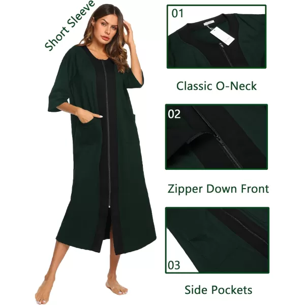 Ekouaer Womens Zipper Robe 34 Sleeve Housecoats Full Length House Dress Loungewear Long Nightgown with PocketsGreen