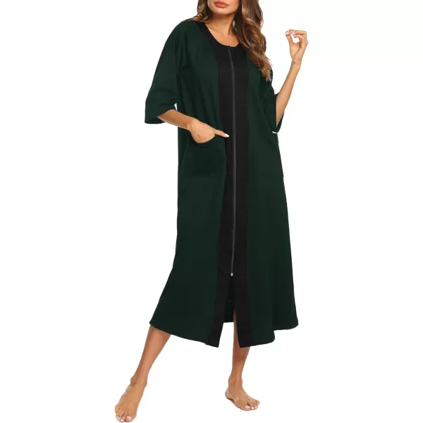 Ekouaer Womens Zipper Robe 34 Sleeve Housecoats Full Length House Dress Loungewear Long Nightgown with PocketsGreen