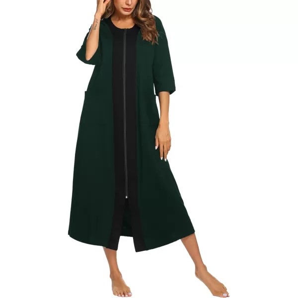 Ekouaer Womens Zipper Robe 34 Sleeve Housecoats Full Length House Dress Loungewear Long Nightgown with PocketsGreen