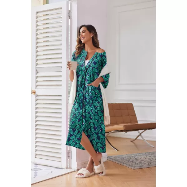 Ekouaer Womens Zipper Robe 34 Sleeve Housecoats Full Length House Dress Loungewear Long Nightgown with PocketsGreen Leaf