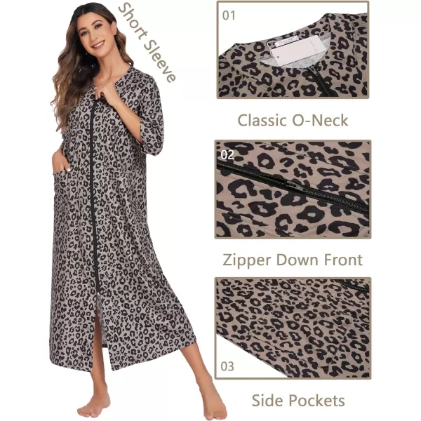 Ekouaer Womens Zipper Robe 34 Sleeve Housecoats Full Length House Dress Loungewear Long Nightgown with PocketsKhaki Leopard