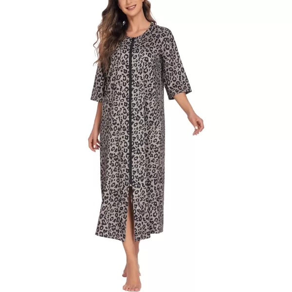 Ekouaer Womens Zipper Robe 34 Sleeve Housecoats Full Length House Dress Loungewear Long Nightgown with PocketsKhaki Leopard