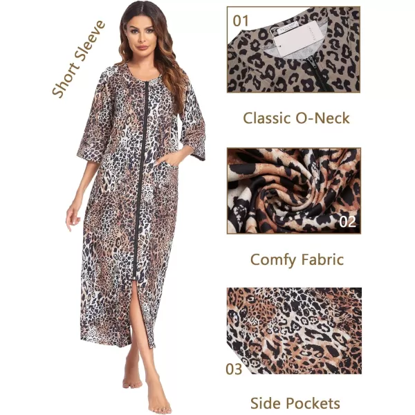 Ekouaer Womens Zipper Robe 34 Sleeve Housecoats Full Length House Dress Loungewear Long Nightgown with PocketsLeopard