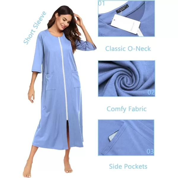 Ekouaer Womens Zipper Robe 34 Sleeve Housecoats Full Length House Dress Loungewear Long Nightgown with PocketsLilac