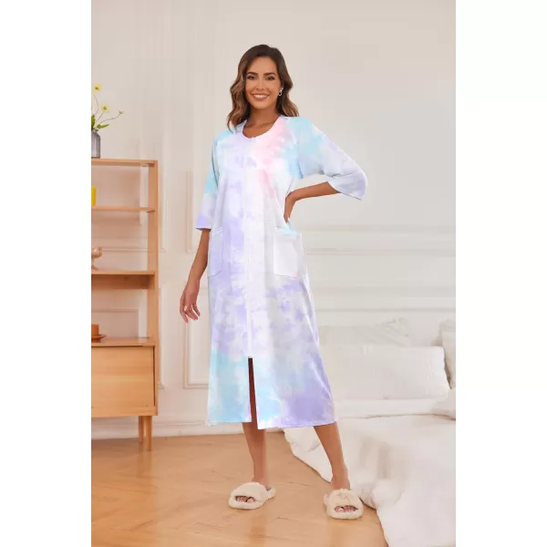 Ekouaer Womens Zipper Robe 34 Sleeve Housecoats Full Length House Dress Loungewear Long Nightgown with PocketsMulticoloured 3