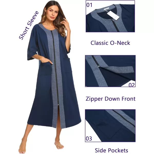 Ekouaer Womens Zipper Robe 34 Sleeve Housecoats Full Length House Dress Loungewear Long Nightgown with PocketsNavy Blue